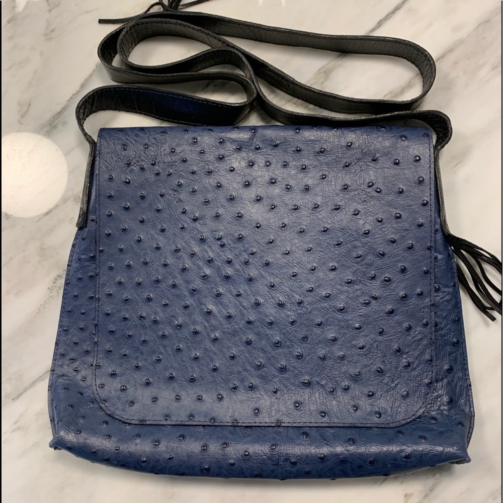 B.MAY Navy Ostrich Handbag